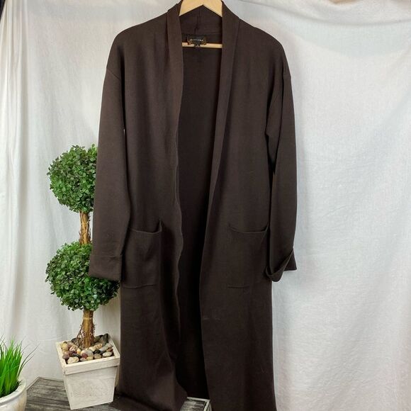 Line And Dot Chocolate Brown Long Sleeve Open Front Duster Cardigan Sweater S - Picture 2 of 7